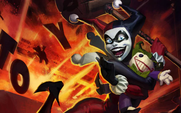 Harley Quinn in classic jester costume dodging fiery explosions, styled in a vibrant comic art from Infinite Crisis, presented as a 4K Ultra HD PC desktop wallpaper.