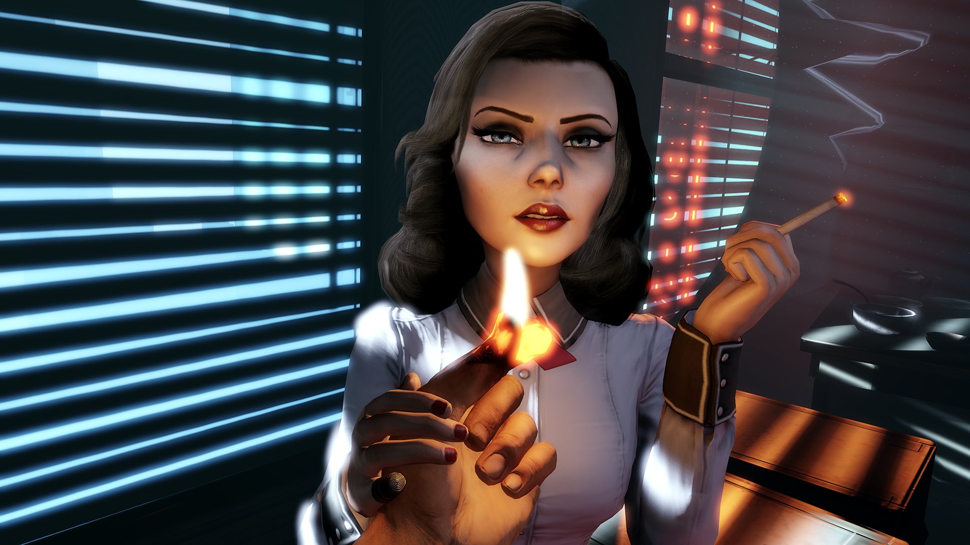 HD PC desktop wallpaper from the video game BioShock Infinite: Burial at Sea — a 1940s-styled woman lights a cigarette amid neon, art‑deco club lighting.