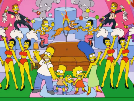 A vibrant HD wallpaper featuring the Simpson family—Homer, Marge, Bart, Lisa, and Maggie—surrounded by colorful characters and playful elements inspired by the TV show The Simpsons.