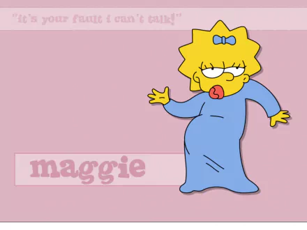 HD desktop wallpaper featuring Maggie Simpson from the TV show The Simpsons on a pink background with her name in lowercase letters.