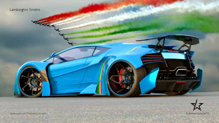 Blue Lamborghini Sinistro Concept supercar on tarmac with red, white and green aerial smoke trails — HD PC desktop wallpaper and background.