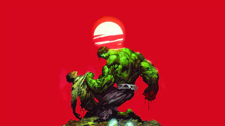 A vibrant comic-style depiction of the Hulk, showcasing his immense strength against a red background with a rising sun. This serves as a stunning 4K Ultra HD desktop wallpaper.