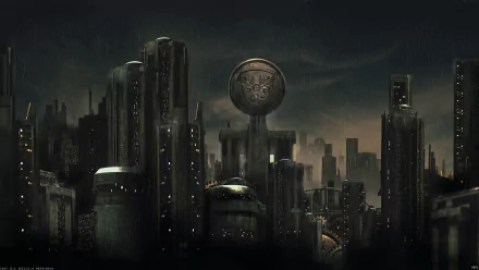 HD sci-fi cityscape at night with towering futuristic buildings and a large spherical structure, creating an atmospheric and moody sci-fi PC desktop wallpaper.