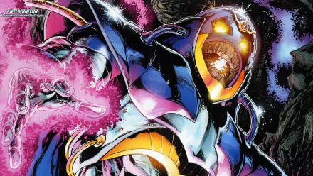 Comic-style HD PC desktop wallpaper featuring the Anti-Monitor: cosmic armored villain with a glowing eye, purple and gold energy aura and trailing chains.