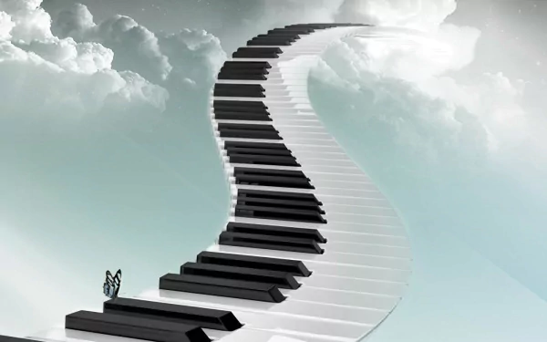 HD PC desktop wallpaper featuring a surreal curved piano keyboard ascending into a cloudy sky with a butterfly perched on the keys, blending music and imagination.