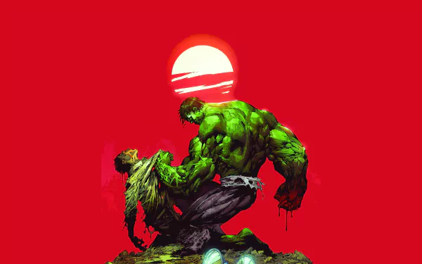 A vibrant comic-style depiction of the Hulk, showcasing his immense strength against a red background with a rising sun. This serves as a stunning 4K Ultra HD desktop wallpaper.