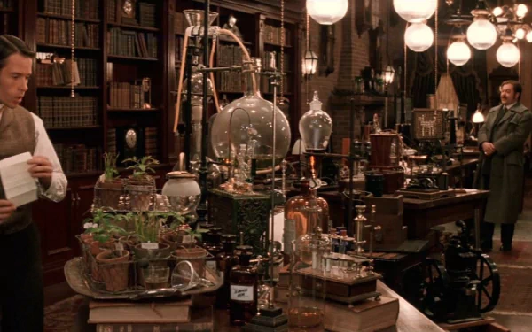 HD PC desktop wallpaper featuring a detailed laboratory scene from the movie The Time Machine (2002), showcasing vintage scientific equipment and two characters.
