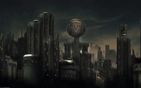 HD sci-fi cityscape at night with towering futuristic buildings and a large spherical structure, creating an atmospheric and moody sci-fi PC desktop wallpaper.