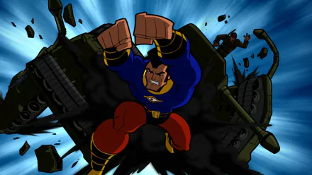 HD desktop wallpaper featuring OMAC from the Batman: The Brave and the Bold TV show, showcasing dynamic action with vibrant comic-style artwork.