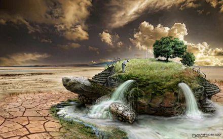 A fantasy landscape features a giant turtle as an island, surrounded by waterfalls and cracked earth, creating a surreal, whimsical golf scene. HD PC desktop wallpaper.