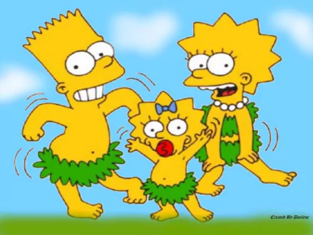 HD desktop wallpaper featuring Bart Simpson, Lisa Simpson, and Maggie Simpson from the TV show The Simpsons dressed in grass skirts against a blue sky background.