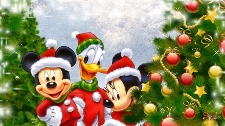 A vibrant HD wallpaper featuring Mickey Mouse, Minnie Mouse, and Donald Duck in festive attire, surrounded by Christmas ornaments and a beautifully decorated Christmas tree.