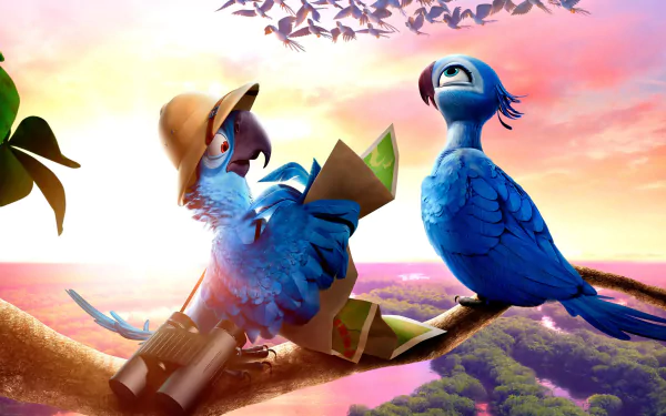4K Ultra HD PC desktop wallpaper featuring animated characters from the movie Rio 2, depicting two colorful birds perched with a vibrant sunset and lush landscape background.
