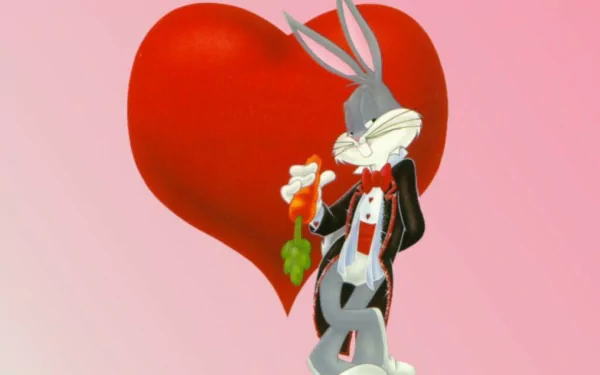 HD desktop wallpaper featuring Bugs Bunny from the Looney Tunes TV show, dressed as a magician with a large red heart background.