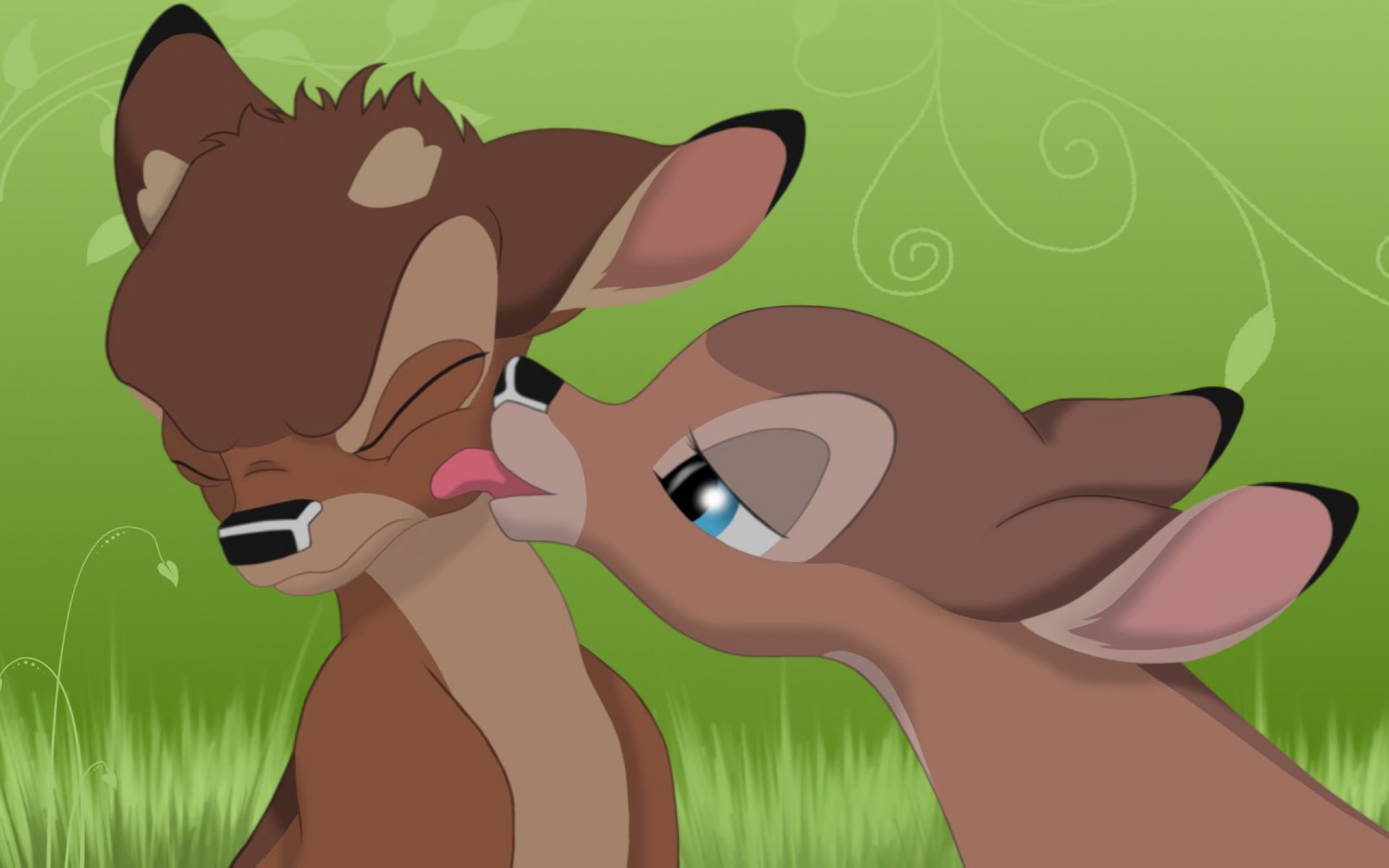 HD PC desktop wallpaper featuring a tender scene from the movie Bambi with two young deer sharing a gentle moment against a green nature background.