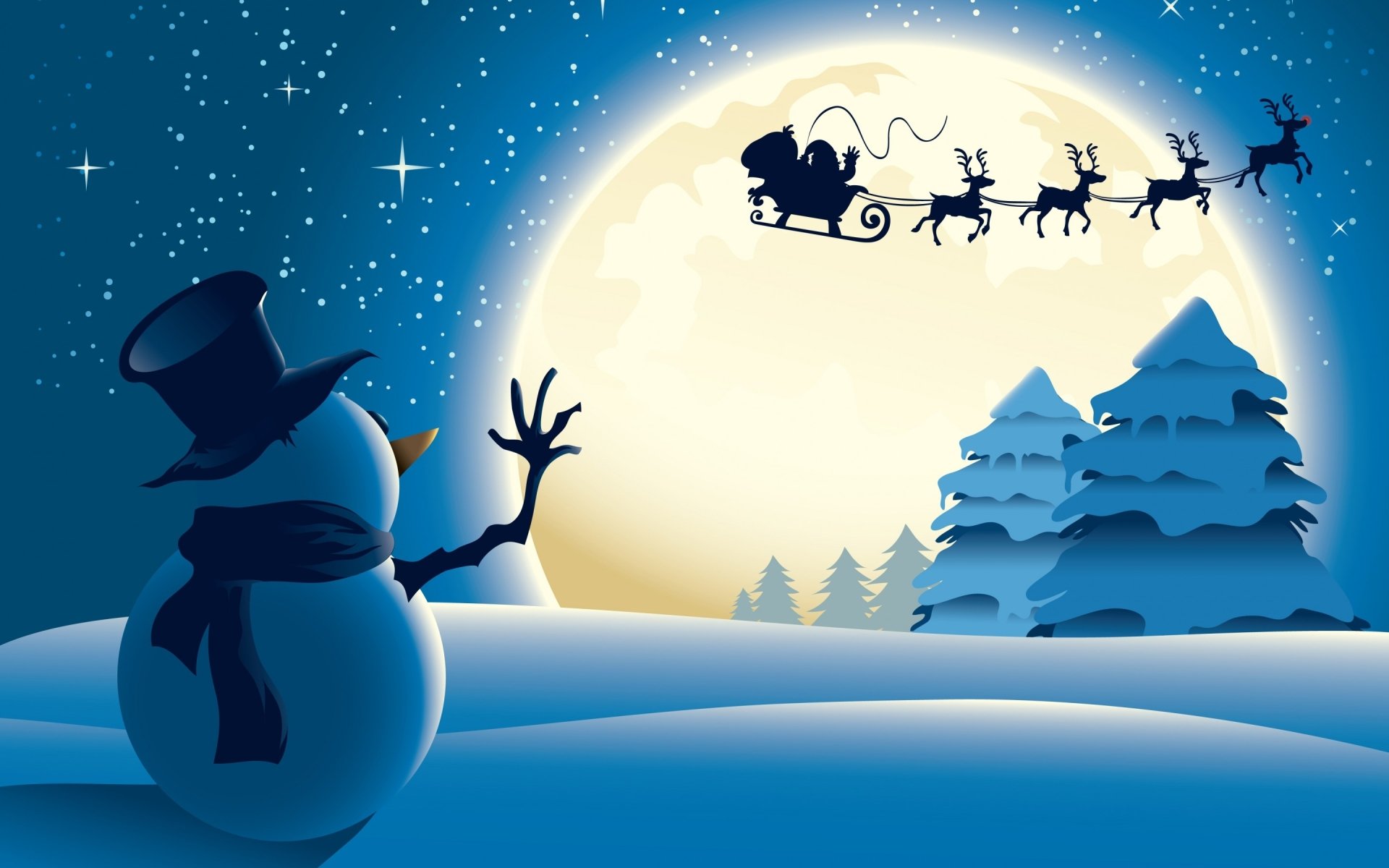 A cheerful snowman waves as Santa, in his sleigh pulled by reindeer, flies across a snowy landscape under a bright moon, celebrating the holiday spirit of Christmas.