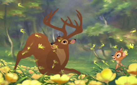 HD PC desktop wallpaper featuring Bambi characters from the movie, with a stag and young deer surrounded by yellow flowers in a vibrant forest setting.