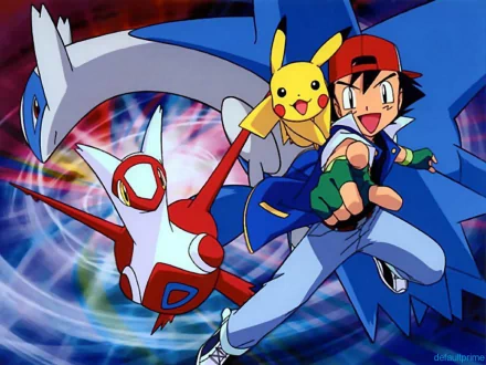 HD wallpaper featuring Ash Ketchum alongside Pikachu, Latias, and Latios from Pokémon: Heroes, set against a vibrant, swirling background.