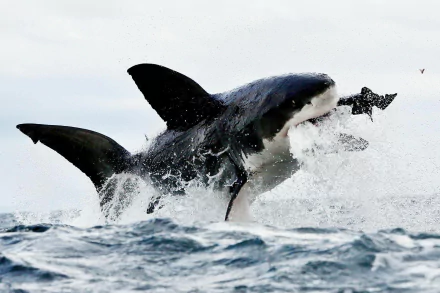 A striking HD wallpaper of a great white shark breaching the water's surface, showcasing its powerful presence and the dynamic movement of ocean waves around it.