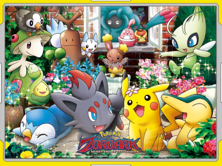 HD desktop wallpaper featuring characters from Pokémon: Zoroark: Master of Illusions. The vibrant scene showcases multiple Pokémon, including Pikachu and Zorua, amidst a colorful and lively background.