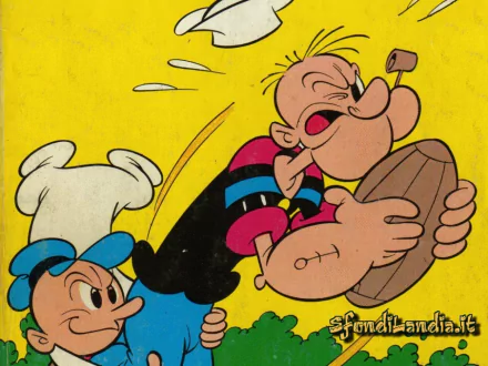 HD desktop wallpaper of the TV show Popeye, featuring Popeye and another character engaging in a playful activity against a bright yellow background.