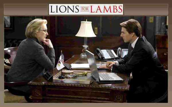 HD desktop wallpaper from the movie Lions for Lambs, showing two characters in a serious discussion across a desk in an office setting.