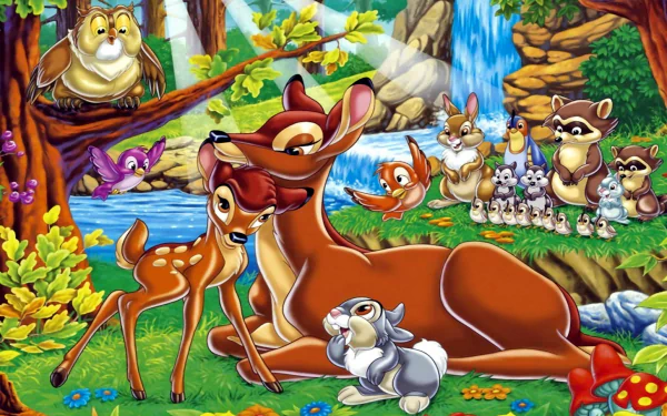 HD PC desktop wallpaper from the movie Bambi: Bambi and his mother resting in a sunlit forest clearing with Thumper, Flower and other woodland friends near a waterfall.