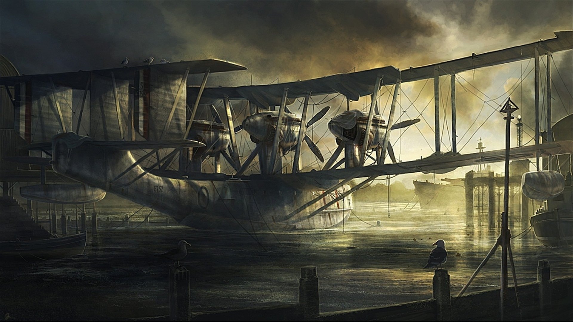 A dramatic artistic depiction of military aircraft, showcasing vintage biplanes in a moody waterfront scene, designed as an HD PC desktop wallpaper and background.