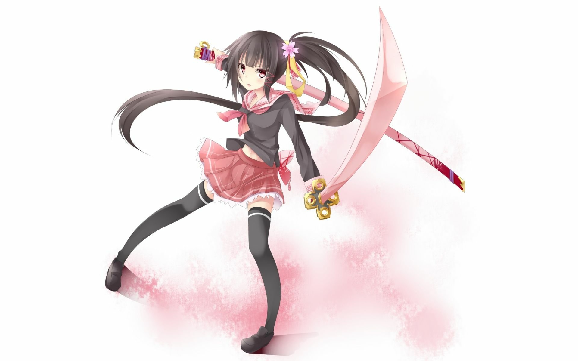 Anime character with long hair in a school uniform and thigh-high stockings, wielding a sword, set against a soft pink background. HD desktop wallpaper.