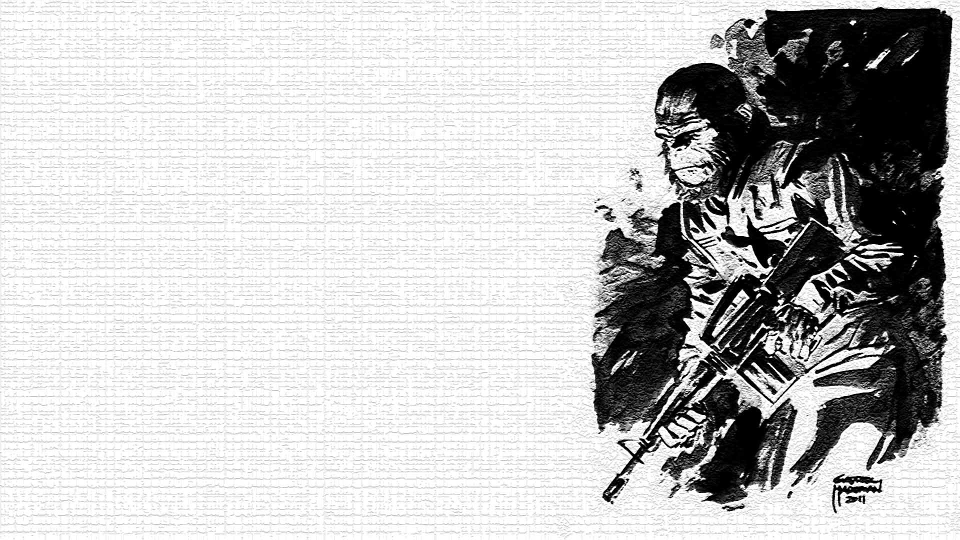 Comic-style HD desktop wallpaper depicting a character from Planet of the Apes holding a rifle against a textured white background.