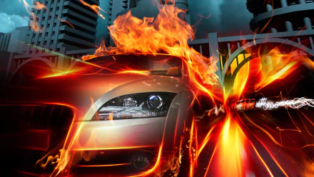 HD desktop wallpaper of the video game CrossFire showing a silver car engulfed in flames with a background of skyscrapers and intense lighting effects.