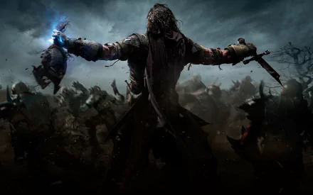 Epic HD wallpaper from Middle-earth: Shadow of Mordor, featuring a heroic figure wielding powers against a backdrop of chaotic battle and ominous skies.
