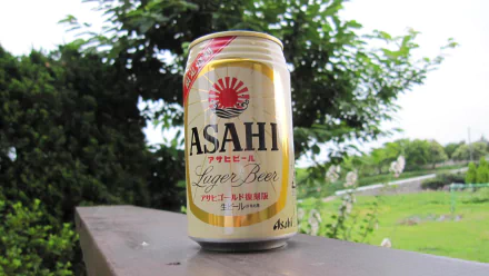A can of Asahi Lager Beer sits on a wooden ledge outdoors with green trees and grass in the background, showcased as an HD PC desktop wallpaper featuring beer and food.