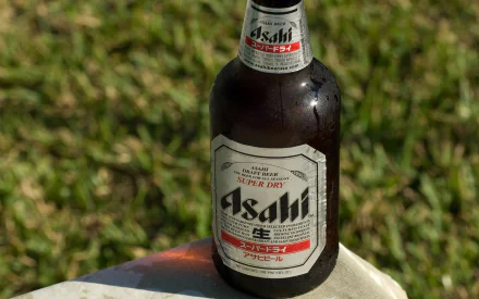 HD desktop wallpaper featuring a chilled bottle of Asahi beer on a surface with grass in the background, highlighting beer and food themes.