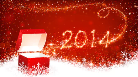 4K Ultra HD New Year 2014 holiday desktop wallpaper — red glittering background with golden sparkler spelling 2014, an open red gift box on a snowy snowflake border and swirling stars.