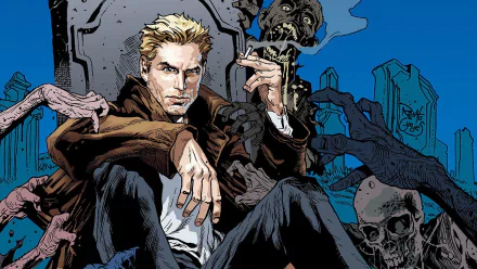 HD PC desktop wallpaper featuring John Constantine from the Hellblazer comic series, depicted in a dark, eerie graveyard setting with skeletons and blue sky.