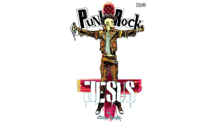 Comic-style punk rock Jesus with mohawk and leather jacket crucified on a graffiti cross, bold inks and bright colors — HD PC desktop wallpaper/background.