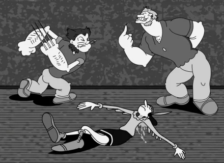 Black and white HD wallpaper depicting characters from the TV show Popeye, showing an intense scene with three characters in a dynamic pose.