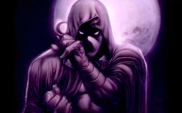 HD PC desktop wallpaper featuring Moon Knight in a dark hooded suit with glowing eyes, set against a glowing full moon in a comic-style design.