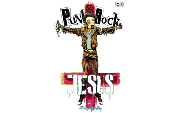 Comic-style punk rock Jesus with mohawk and leather jacket crucified on a graffiti cross, bold inks and bright colors — HD PC desktop wallpaper/background.