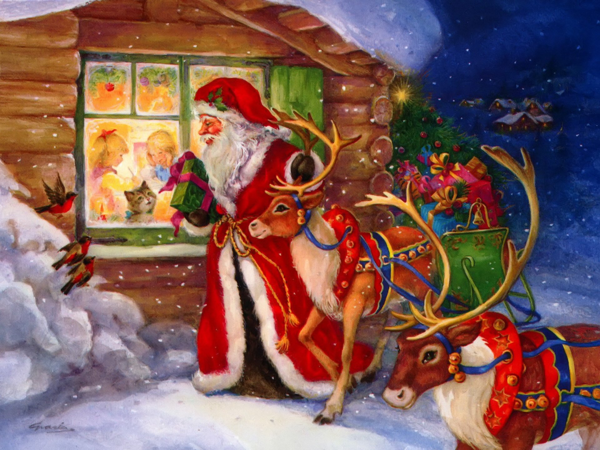 A festive scene of Santa Claus with his reindeer, delivering gifts by a cozy cabin. Snowflakes fall as cheerful children watch from the window, capturing the holiday spirit of Christmas.