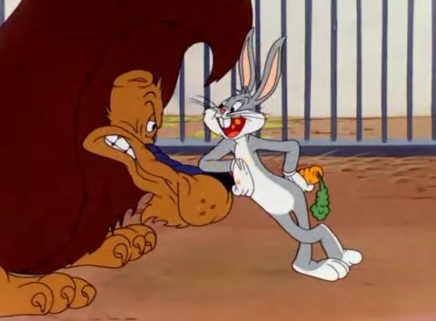 HD PC desktop wallpaper featuring Bugs Bunny from Looney Tunes TV show, confidently facing a large, snarling dog in classic animated style.