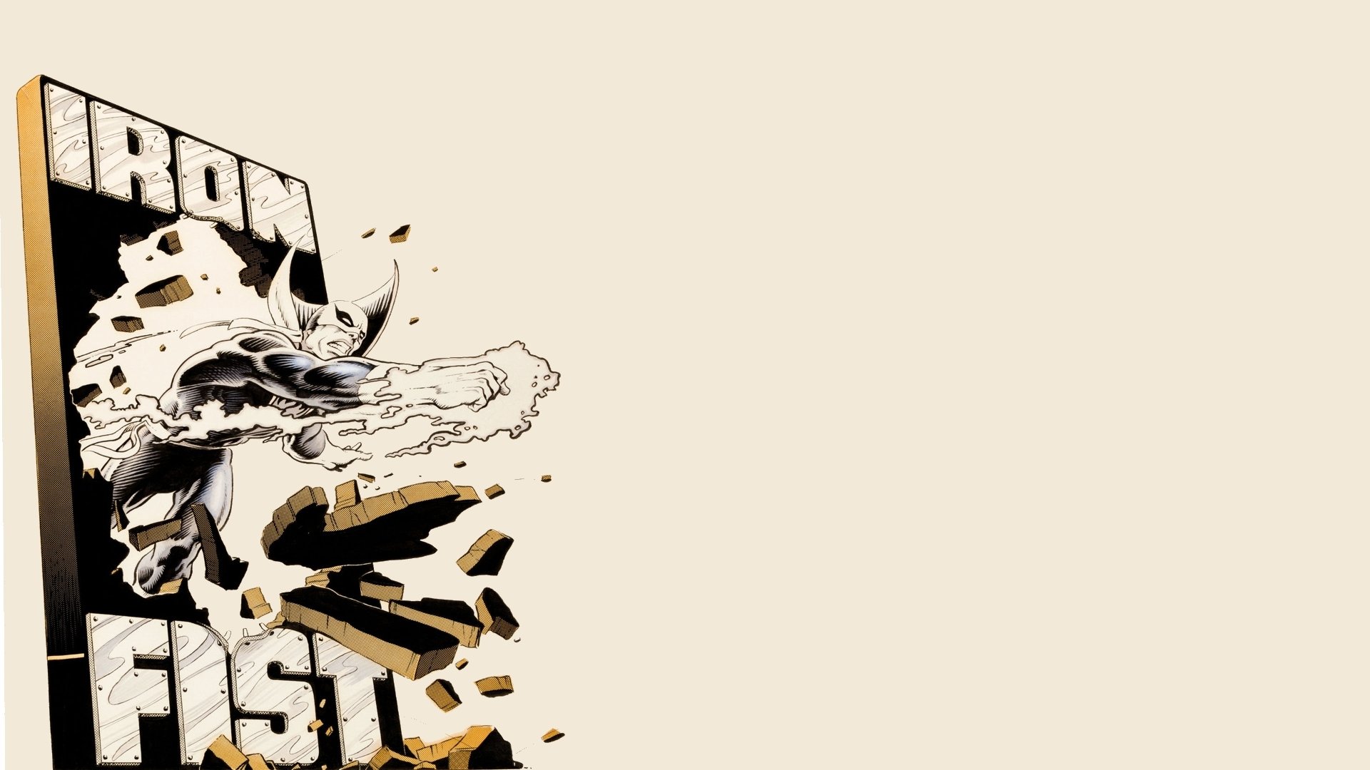 Comic Iron Fist (Marvel Comics) illustration at left with shattered debris and bold IRON FIST lettering on a beige negative space — HD PC desktop wallpaper/background.