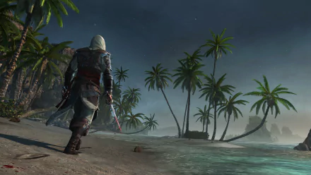 A character from Assassin's Creed IV: Black Flag walks along a moonlit beach lined with palm trees, offering a serene 4K Ultra HD gaming backdrop.
