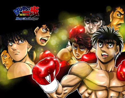 HD desktop wallpaper featuring intense characters from the anime Hajime no Ippo, showcasing Makunouchi Ippo and fellow boxers in dynamic poses.