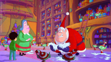 HD desktop wallpaper from the movie Santa's Apprentice featuring colorful animated characters in a cozy, festive workshop setting.