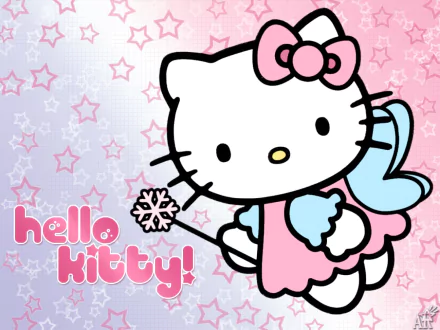 Hello Kitty HD desktop wallpaper featuring the beloved anime character in pink and blue, holding a snowflake, with a starry background.