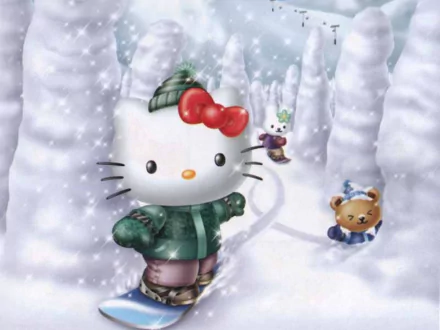 HD wallpaper featuring Hello Kitty in a snowy landscape, accompanied by a bear and another character, all dressed warmly. The anime-style artwork adds a whimsical touch to the winter scene.