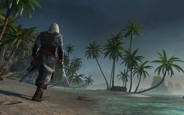 A character from Assassin's Creed IV: Black Flag walks along a moonlit beach lined with palm trees, offering a serene 4K Ultra HD gaming backdrop.