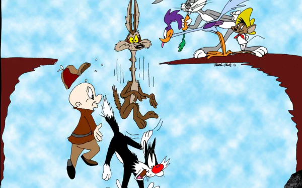 A vibrant HD wallpaper featuring iconic Looney Tunes characters: Sylvester, Elmer Fudd, Wile E. Coyote, Road Runner, Speedy Gonzales, and Bugs Bunny in a dynamic scene.